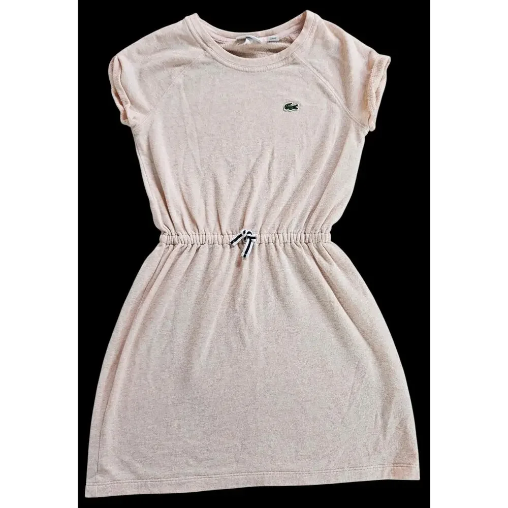 Lacoste Girls Size 8 Pink Dress Crocodile Logo Drawstring Waist Preppy